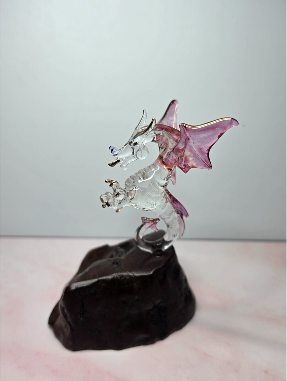 Vintage Hand Blown Glass Dragon Figurine on Wood Base